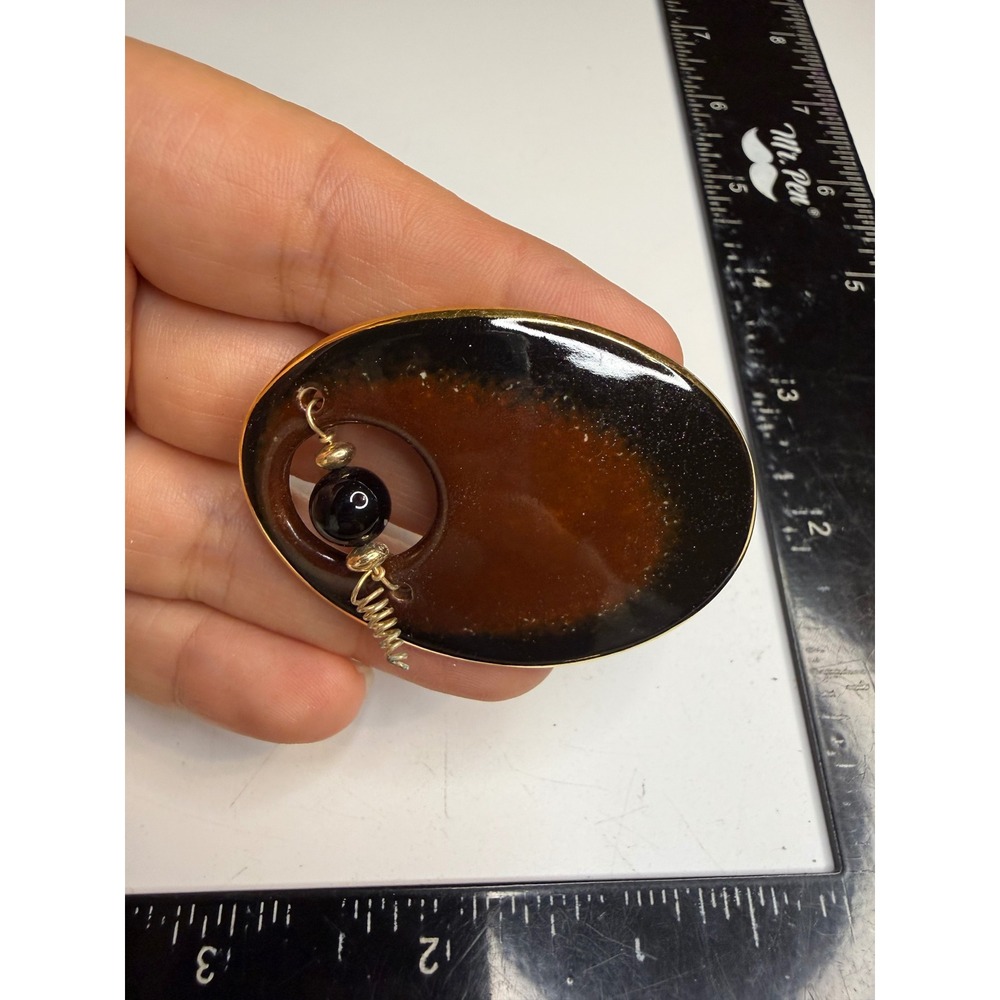 Lubba Signed Ceramic Brooch Brown Black Ombre Glaze Gold Tone Bead Art Pottery